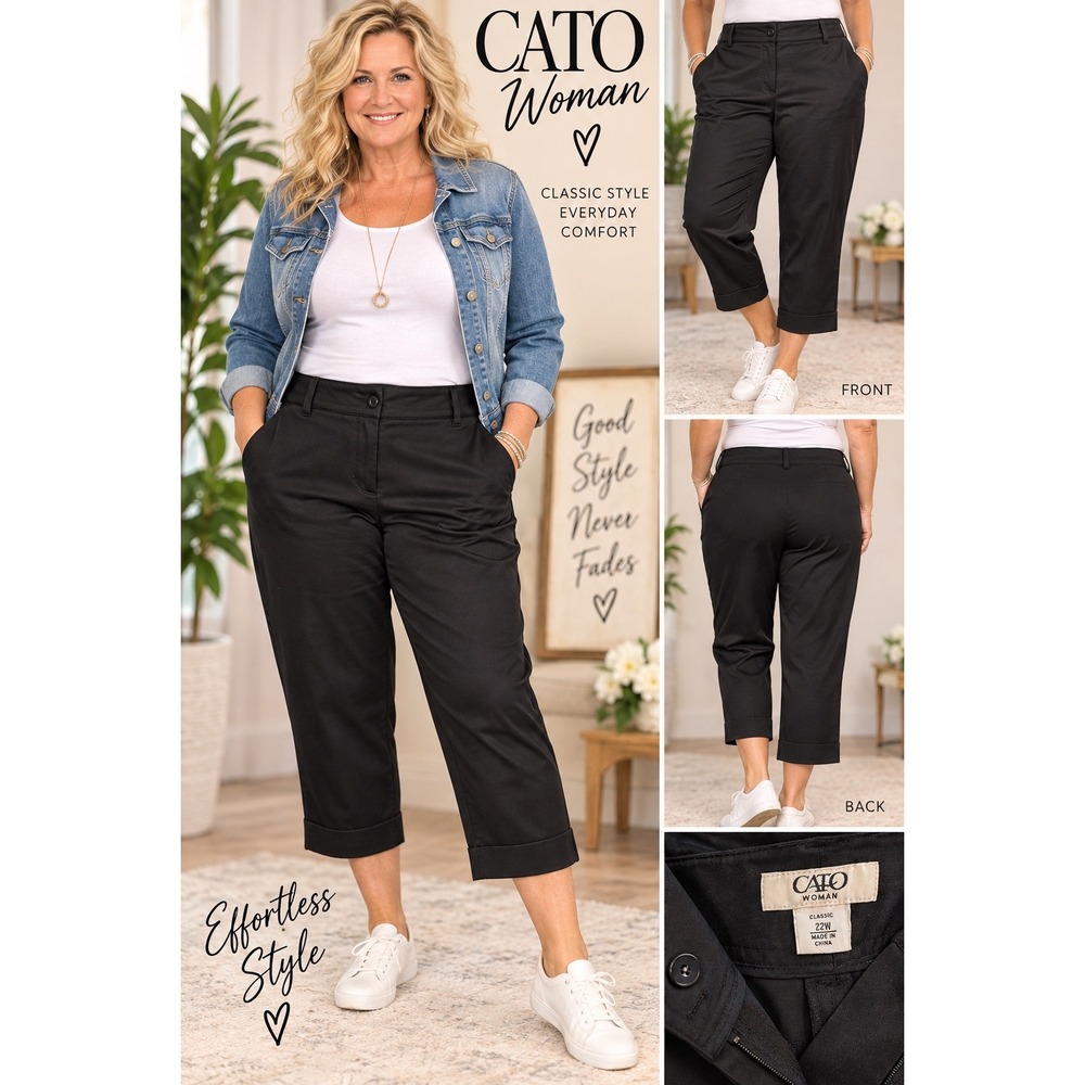 Cato Woman Classic Black Cropped Pants Cuffed Hem Plus Size 22W Stretch Chino